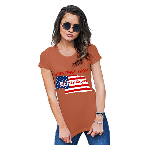 Funny T-Shirts For Women Sarcasm Greetings From Nebraska USA Flag Women's T-Shirt X-Large Orange