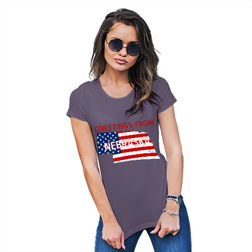 Novelty Tshirts Women Greetings From Nebraska USA Flag Women's T-Shirt Small Plum