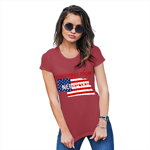 Womens Funny T Shirts Greetings From Nebraska USA Flag Women's T-Shirt Large Red