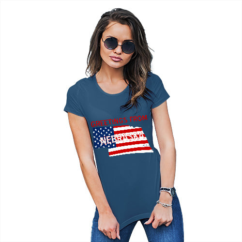 Womens Funny T Shirts Greetings From Nebraska USA Flag Women's T-Shirt Large Royal Blue