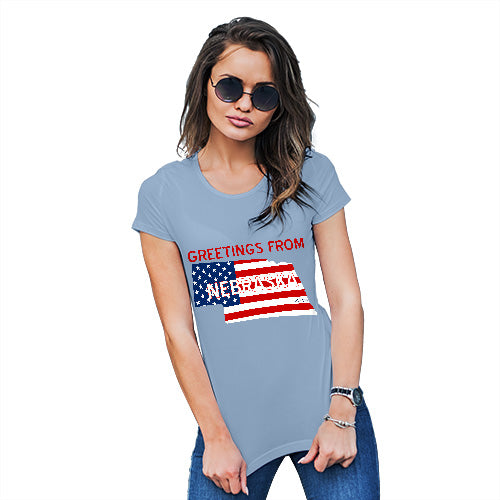 Womens Novelty T Shirt Greetings From Nebraska USA Flag Women's T-Shirt Small Sky Blue