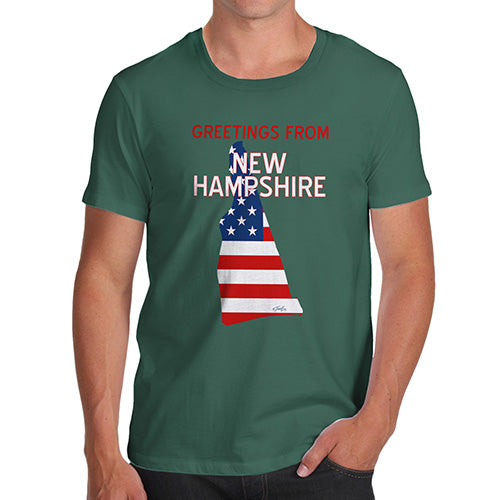 Funny Tee Shirts For Men Greetings From New Hampshire USA Flag Men's T-Shirt Large Bottle Green