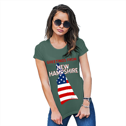 Funny Tee Shirts For Women Greetings From New Hampshire USA Flag Women's T-Shirt Medium Bottle Green