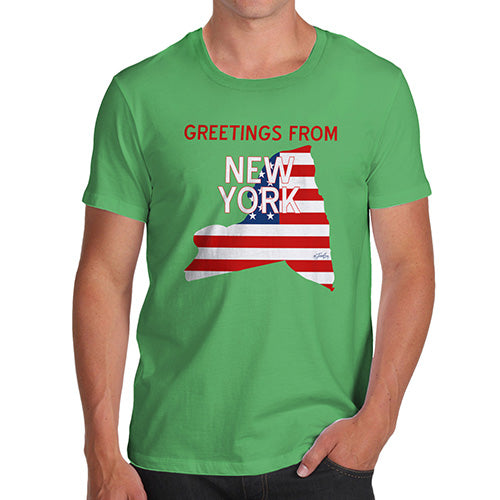 Funny T-Shirts For Guys Greetings From New York USA Flag Men's T-Shirt X-Large Green