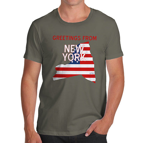 Novelty Tshirts Men Funny Greetings From New York USA Flag Men's T-Shirt Small Khaki