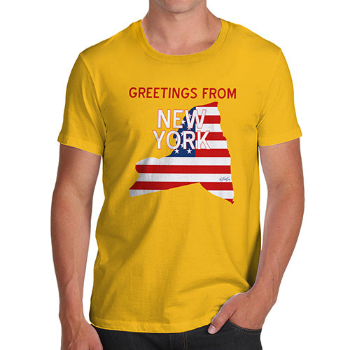 Funny T-Shirts For Men Greetings From New York USA Flag Men's T-Shirt X-Large Yellow