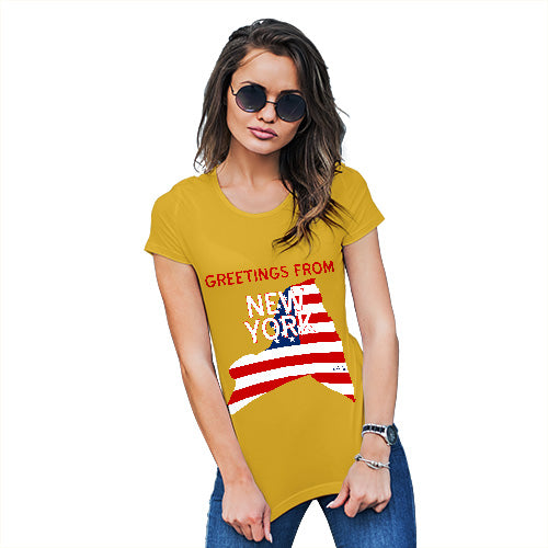 Womens T-Shirt Funny Geek Nerd Hilarious Joke Greetings From New York USA Flag Women's T-Shirt Large Yellow