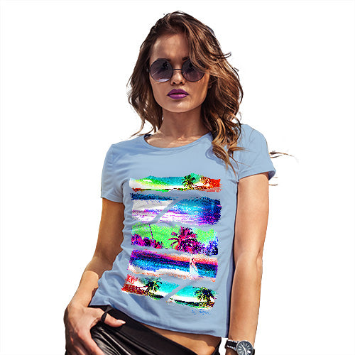 Novelty Tshirts Women Neon Beach Cutouts Women's T-Shirt Small Sky Blue