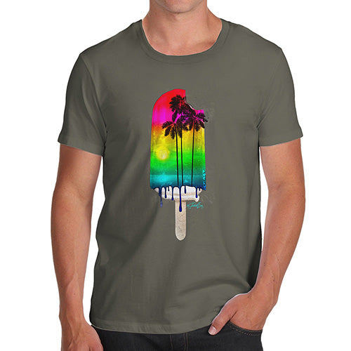 Mens Novelty T Shirt Christmas Rainbow Palms Ice Lolly Men's T-Shirt Small Khaki