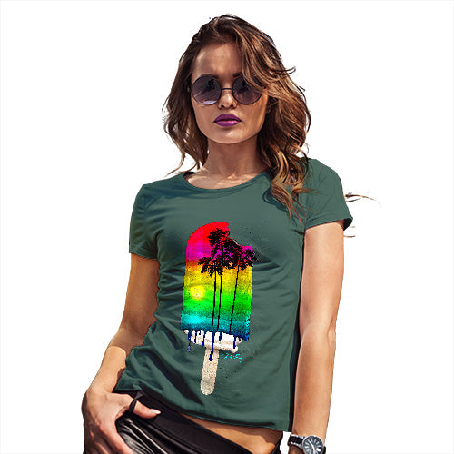 Womens Humor Novelty Graphic Funny T Shirt Rainbow Palms Ice Lolly Women's T-Shirt Medium Bottle Green