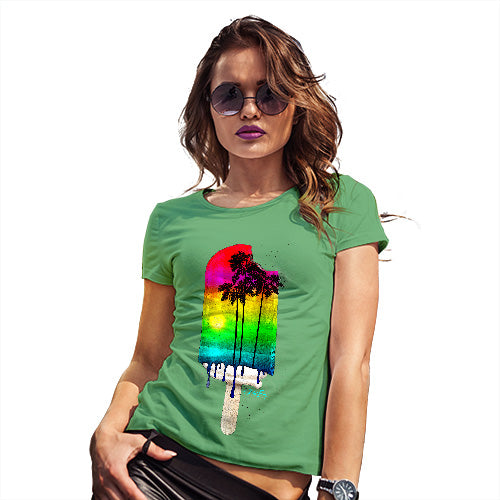 Womens Novelty T Shirt Christmas Rainbow Palms Ice Lolly Women's T-Shirt Large Green