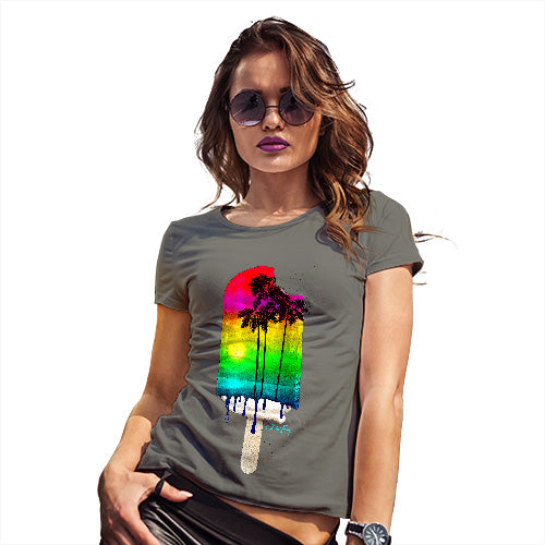 Funny Tee Shirts For Women Rainbow Palms Ice Lolly Women's T-Shirt Medium Khaki