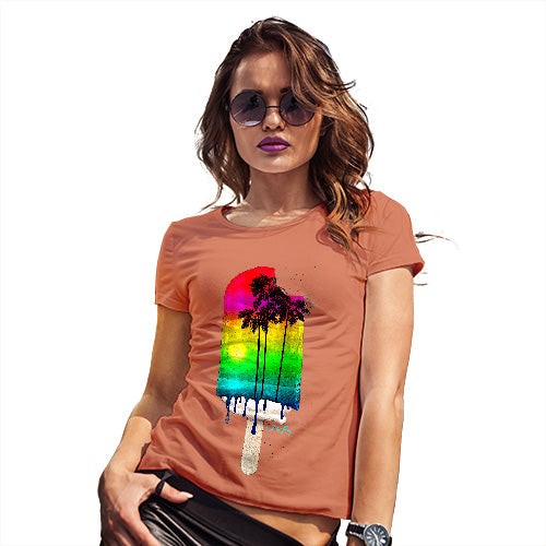 Womens Humor Novelty Graphic Funny T Shirt Rainbow Palms Ice Lolly Women's T-Shirt Large Orange