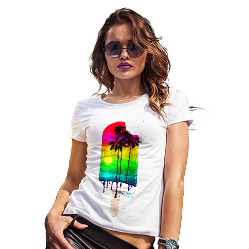 Funny Tee Shirts For Women Rainbow Palms Ice Lolly Women's T-Shirt Small White