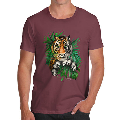 Funny T-Shirts For Men Tiger In The Grass Men's T-Shirt Medium Burgundy