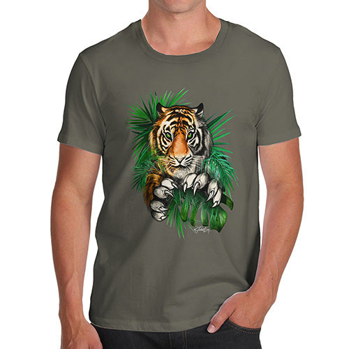 Funny Mens Tshirts Tiger In The Grass Men's T-Shirt Medium Khaki