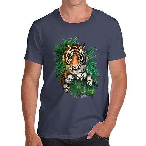 Mens Novelty T Shirt Christmas Tiger In The Grass Men's T-Shirt Medium Navy
