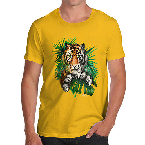 Mens Novelty T Shirt Christmas Tiger In The Grass Men's T-Shirt Medium Yellow