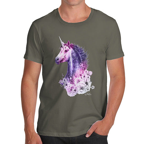 Funny T Shirts For Men Pink Unicorn Flowers Men's T-Shirt Medium Khaki
