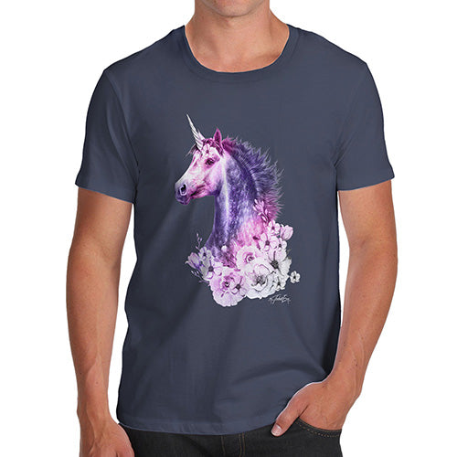 Funny T-Shirts For Men Pink Unicorn Flowers Men's T-Shirt X-Large Navy