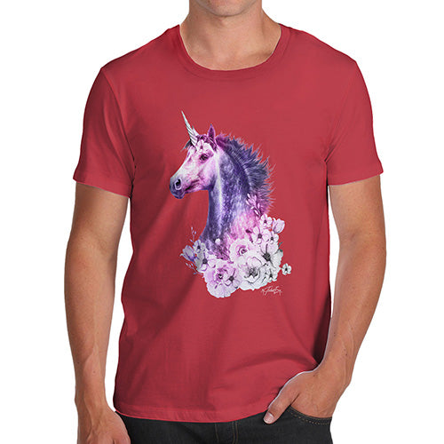 Funny Tee Shirts For Men Pink Unicorn Flowers Men's T-Shirt Medium Red