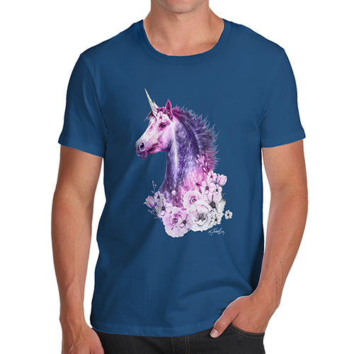 Funny T-Shirts For Men Pink Unicorn Flowers Men's T-Shirt Large Royal Blue