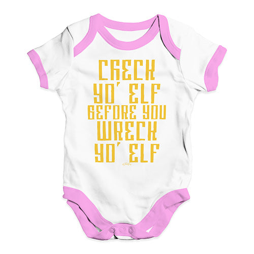 Funny Baby Clothes Check Yo Elf Baby Unisex Baby Grow Bodysuit 3 - 6 Months White Pink Trim