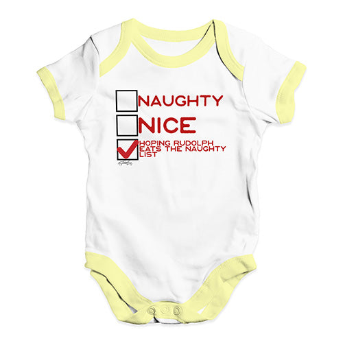 Babygrow Baby Romper Hoping Rudolph Eats The Naughty List Baby Unisex Baby Grow Bodysuit 6 - 12 Months White Yellow Trim