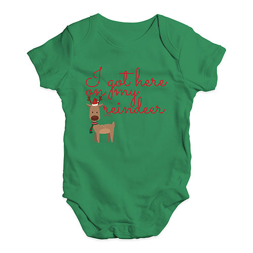 Funny Baby Onesies I Got Here On My Reindeer Baby Unisex Baby Grow Bodysuit 12 - 18 Months Green
