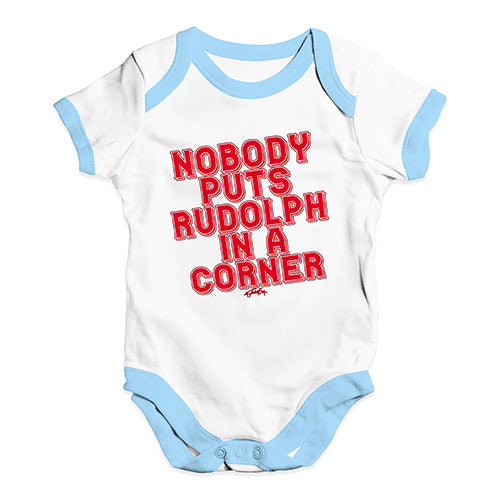 Funny Infant Baby Bodysuit Nobody Puts Rudolph In A Corner Baby Unisex Baby Grow Bodysuit 12 - 18 Months White Blue Trim