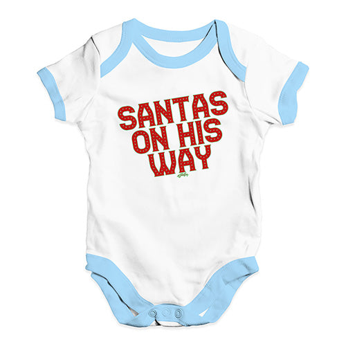Cute Infant Bodysuit Santa's On His Way Baby Unisex Baby Grow Bodysuit 12 - 18 Months White Blue Trim