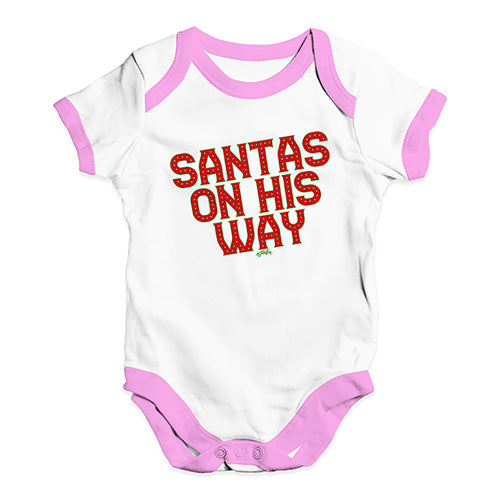 Funny Baby Bodysuits Santa's On His Way Baby Unisex Baby Grow Bodysuit 6 - 12 Months White Pink Trim