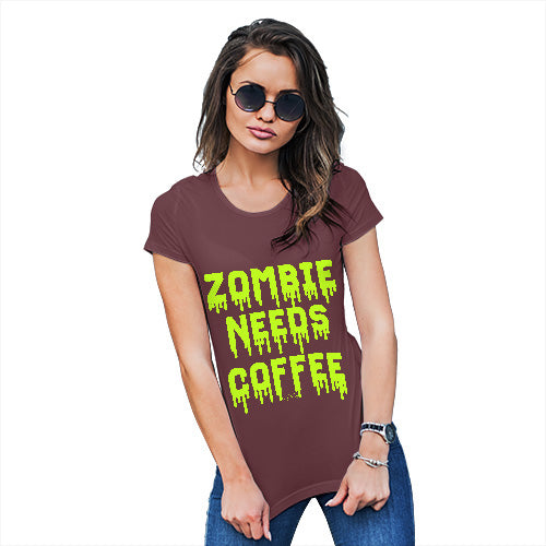 Womens Humor Novelty Graphic Funny T Shirt Zombie Needs Coffee Women's T-Shirt X-Large Burgundy