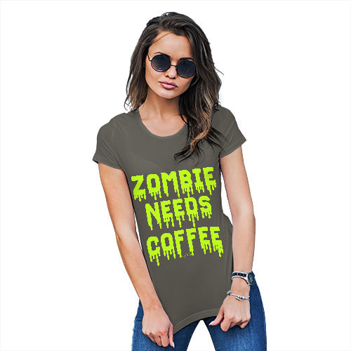 Funny T Shirts For Mom Zombie Needs Coffee Women's T-Shirt Large Khaki