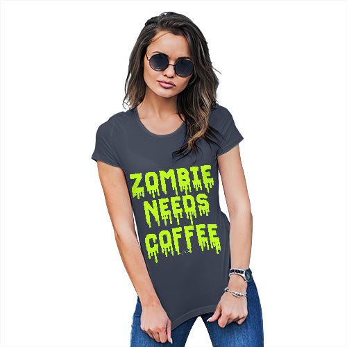 Novelty Tshirts Women Zombie Needs Coffee Women's T-Shirt Large Navy
