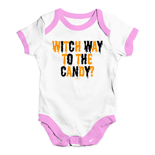 Babygrow Baby Romper Witch Way To The Candy Baby Unisex Baby Grow Bodysuit 6 - 12 Months White Pink Trim
