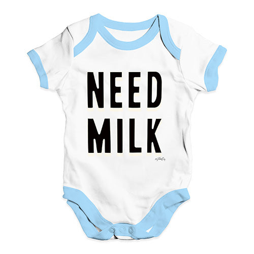 Baby Grow Baby Romper Need Milk Baby Unisex Baby Grow Bodysuit 0-3 Months White Blue Trim