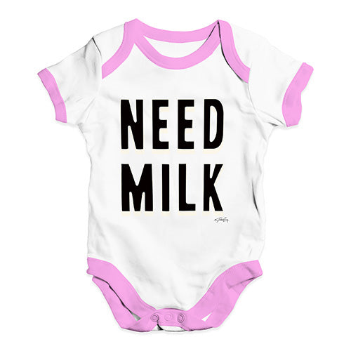 Baby Grow Baby Romper Need Milk Baby Unisex Baby Grow Bodysuit 0-3 Months White Pink Trim