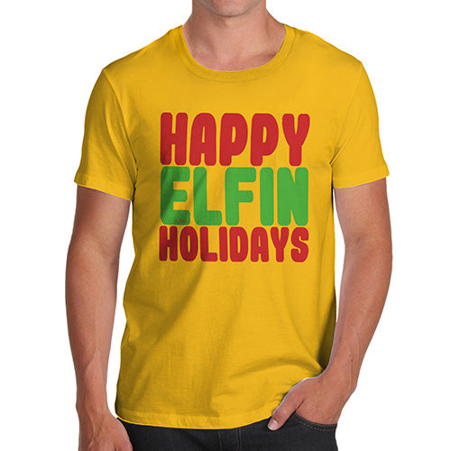 Funny T Shirts For Men Happy Elfin Holidays Men's T-Shirt Medium Yellow