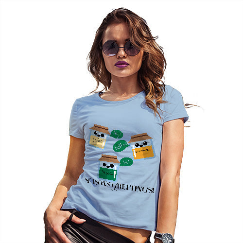 Womens T-Shirt Funny Geek Nerd Hilarious Joke Seasons Greetings Pun Women's T-Shirt Medium Sky Blue