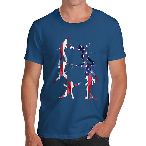 Mens T-Shirt Funny Geek Nerd Hilarious Joke USA Fencing Silhouette Men's T-Shirt Medium Royal Blue