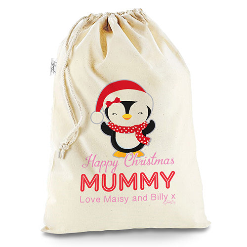 Personalised Mummy Penguin Natural Christmas Santa Sack Mail Post Bag