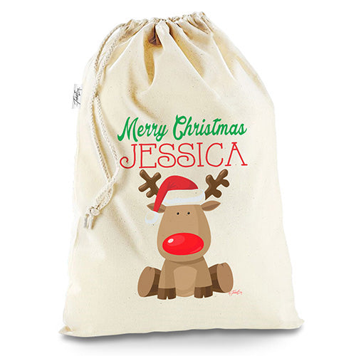 Personalised Red Nose Reindeer White Santa Sack Christmas Stocking