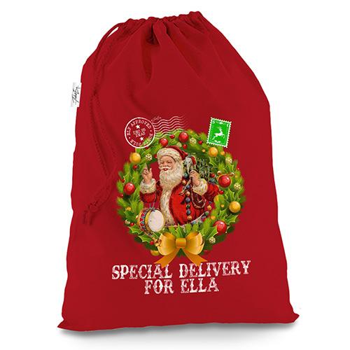 Special Delivery Vintage Santa Wreath Personalised Red Christmas Santa Sack Gift Bag