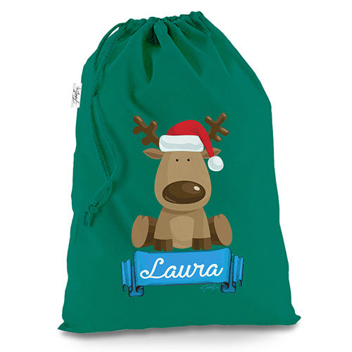 Personalised CUTE Santa Hat Reindeer Green Christmas Present Santa Sack Mail Post Bag