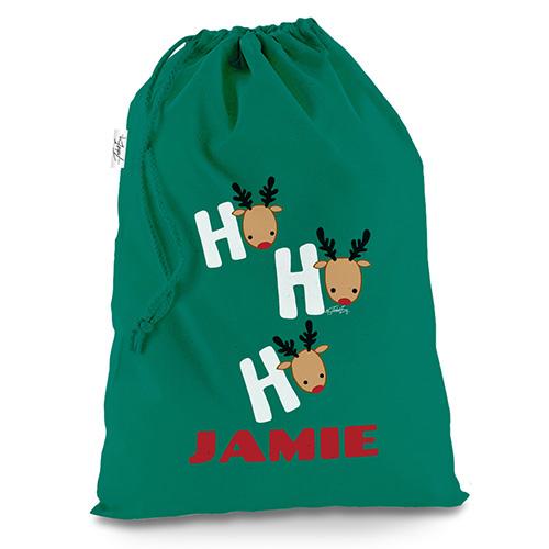 Ho Ho Ho Christmas Reindeer's Personalised Green Christmas Santa Sack Gift Bag