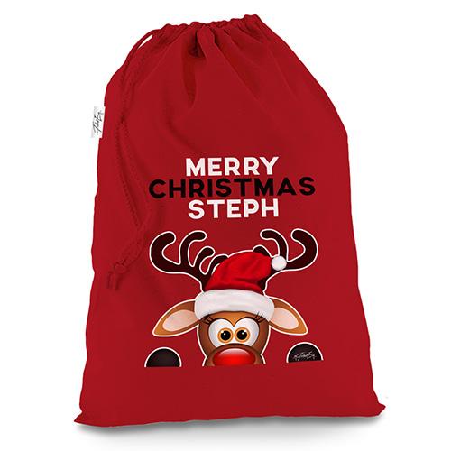 Personalised Peeking Christmas Reindeer Red Christmas Santa Sack Gift Bag