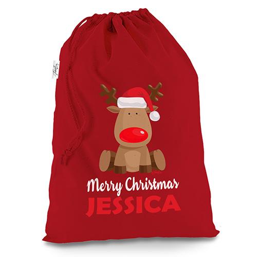 Personalised Merry Xmas Christmas Reindeer Red Christmas Present Santa Sack Mail Post Bag