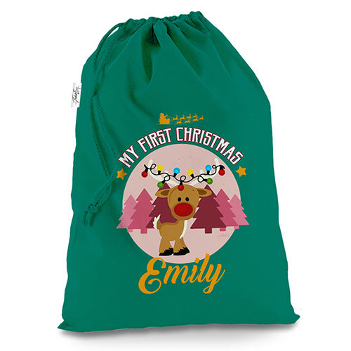 Personalised My First Christmas Reindeer Green Christmas Present Santa Sack Mail Post Bag