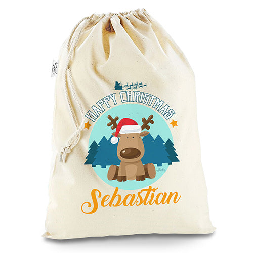 Personalised Merry Christmas Xmas Reindeer Natural Christmas Present Santa Sack Mail Post Bag